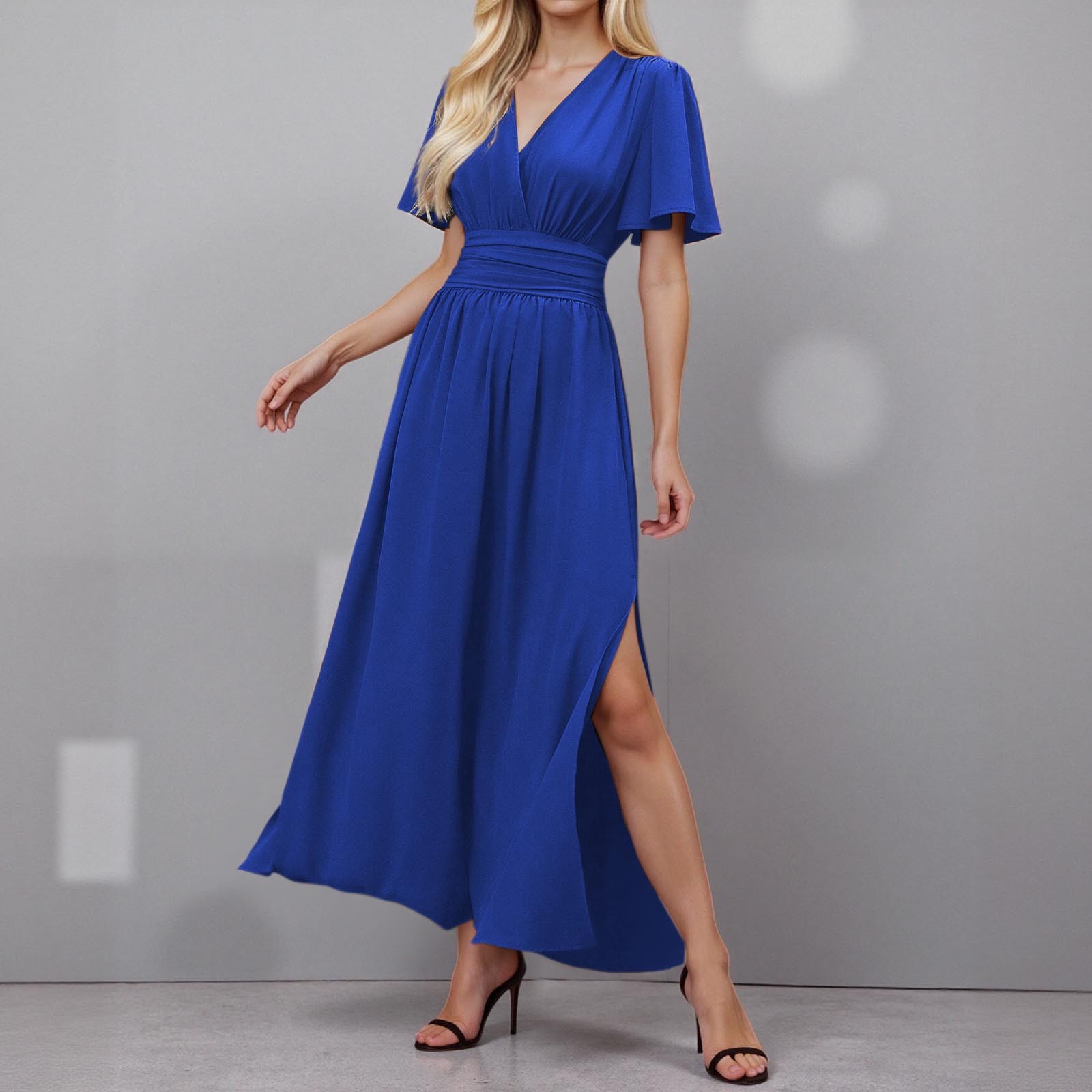 thumbnail image 2 of Vestido largo elegante de cuello en V y cintura alta para mujer: mangas plisadas, abertura lateral, fruncido, vestido de noche para bodas y fiestas., 2 of 5